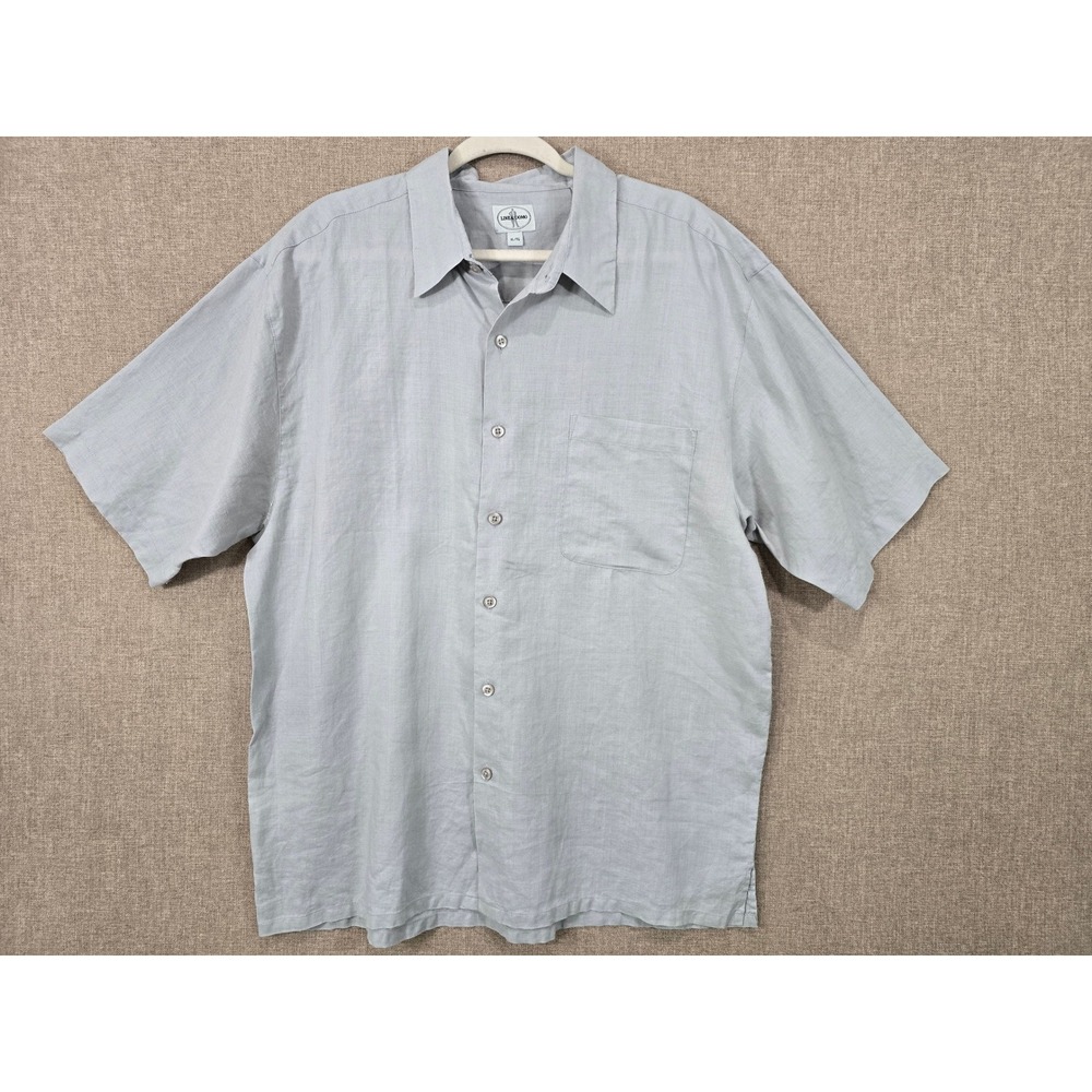 Linea Uomo Mens XL Short Sleeve Button Down Shirt 100% Linen Light Blue Grey